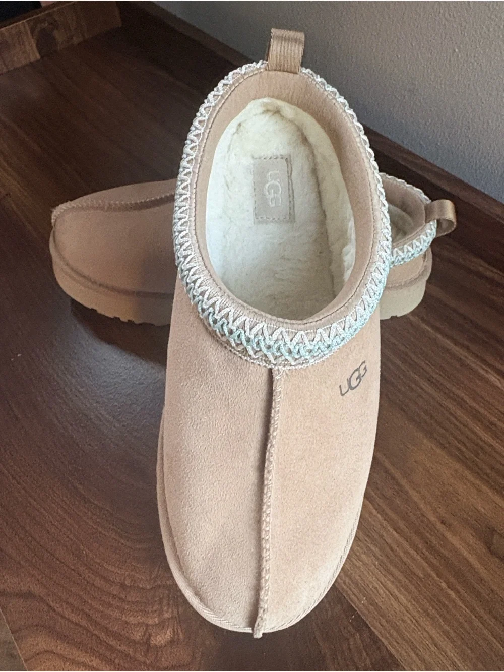 UGG Girls 5 Chestnut and Aqua Cozy Suede Slip-On Slippers VGUC